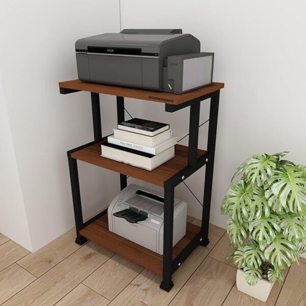 WOODENWAWE Multi-Purpose SideTable, CoffeeTable, PlantStand, EndTable, Computer Office with 3 Tier Printer Stand, Mobile Desk Organizer Shelves, Top Color-Brown, Size-55x35x74CM(WW-3P) (Brown)