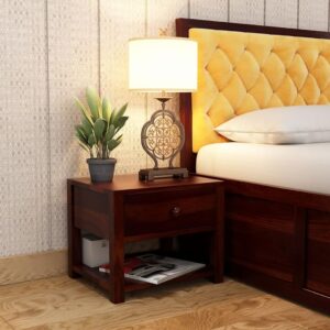 Roliwal Furniture Sheesham Wooden Bedside Table with Shelf & Drawer Storage for Bedroom | Solid Wood Nightstand Lamp Table for Home | End Table | Rosewood Sofa Side Table for Living Room (Walnut A)