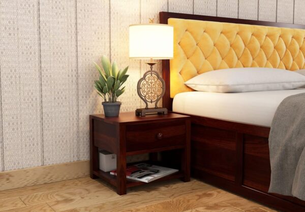Roliwal Furniture Sheesham Wooden Bedside Table with Shelf & Drawer Storage for Bedroom | Solid Wood Nightstand Lamp Table for Home | End Table | Rosewood Sofa Side Table for Living Room (Walnut A)
